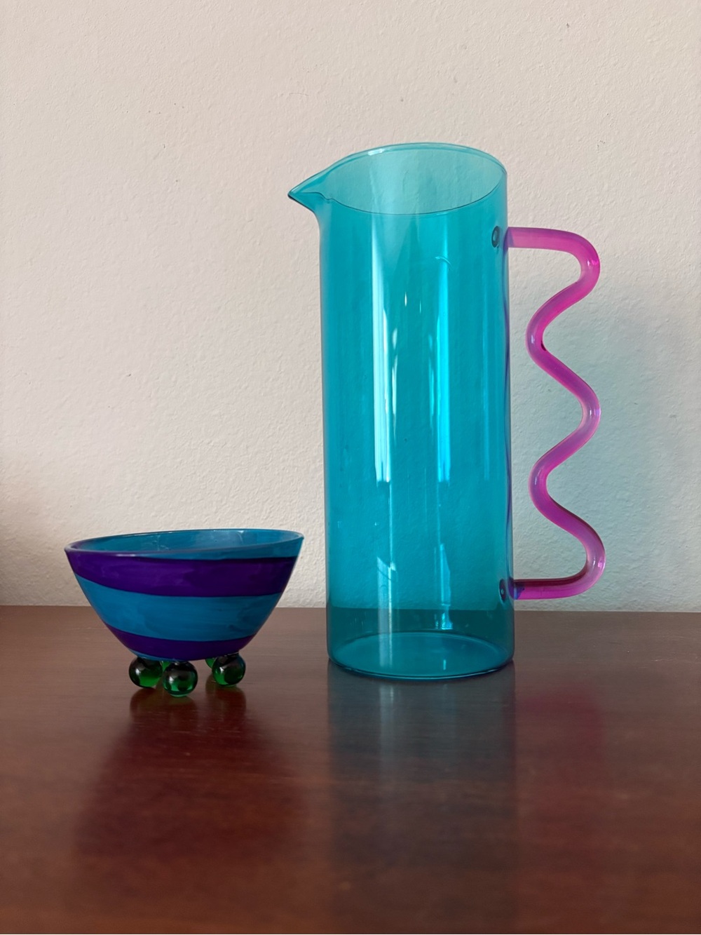 Modern Memphis Style Glass Pitcher & French Footed Colorful Bowl Set - Picture 5 of 10